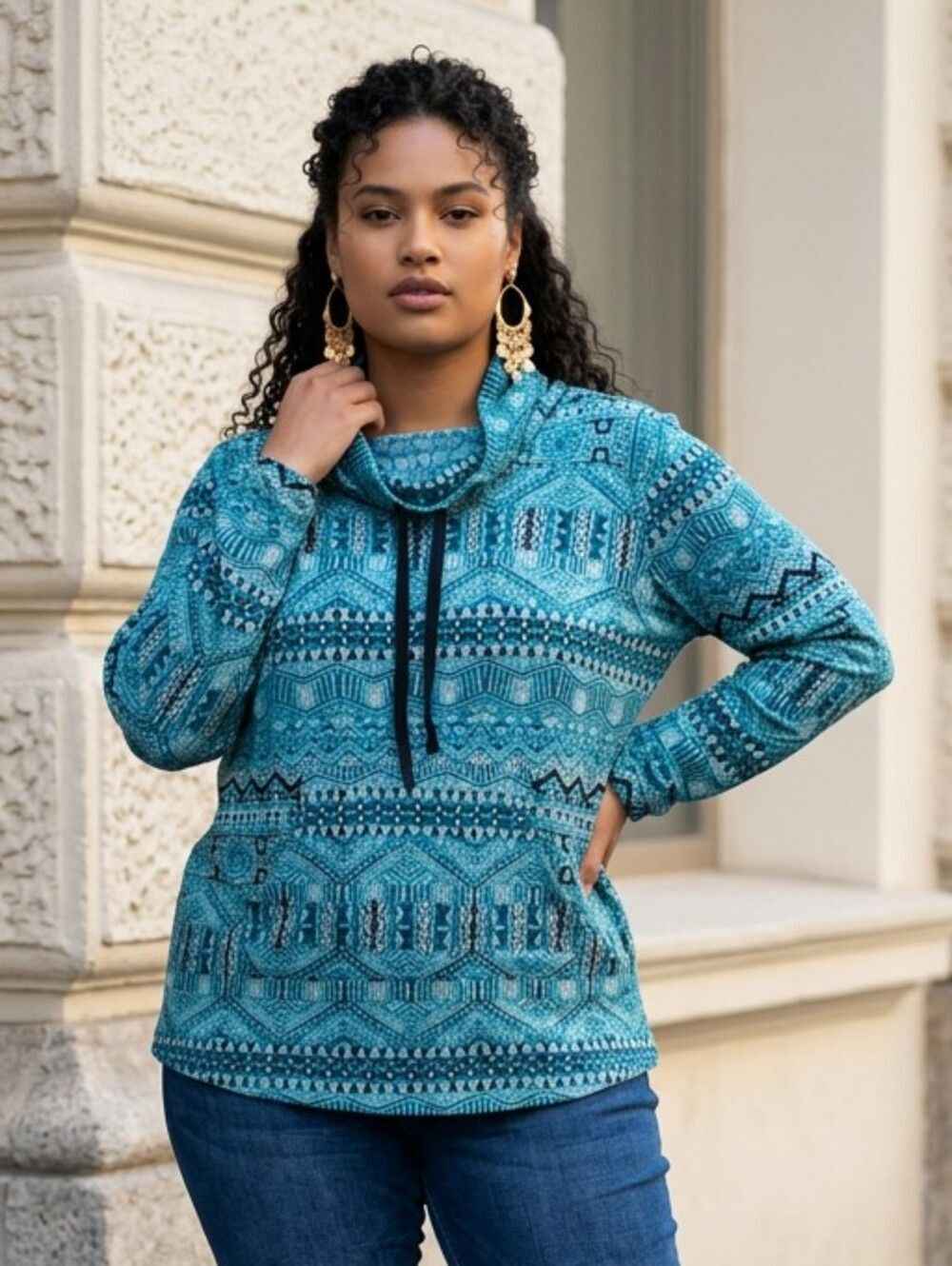 Teal Aztec Cowl Neck Pullover 1X Soft Lightweight Sweatshirt Plus Size Cozy Chic